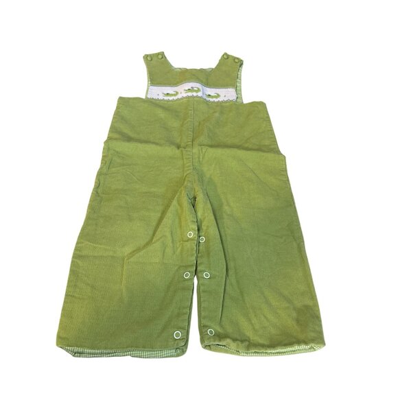 Shrimp & Grits Kids 4T Green Corduroy Overalls With Embroidered Alligator Panel - Picture 1 of 5